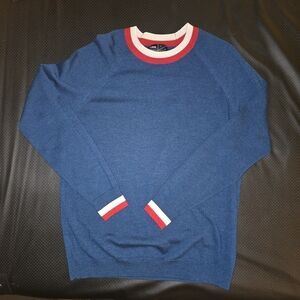 Elegant Blue Crewneck Sweater with Red and White Trim